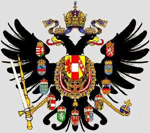 Lo stemma imperiale austriaco con gli stemmi dei paesi componenti l'Impero. In senso orario: Boemia, Illiria, Transilvania, Moravia e Slesia, Carinzia e Carniola, Tirolo, Stiria, Salisburghese, Austria Inferiore, Galizia, Ungheria.