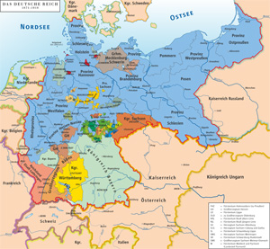 Mappa dell'Impero Tedesco (in blu il Regnodi Prussia durante la sua massima espansione)
